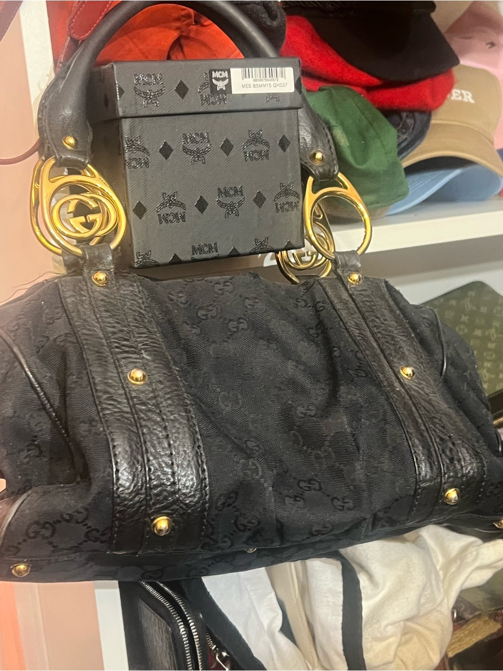 Gucci Black GG Monogram Shoulder Bag with Gold Rings